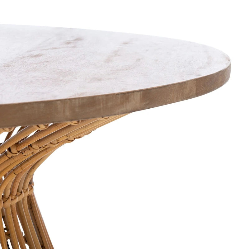 Table basse ronde en rotin avec plateau en bois de manguier blanchi