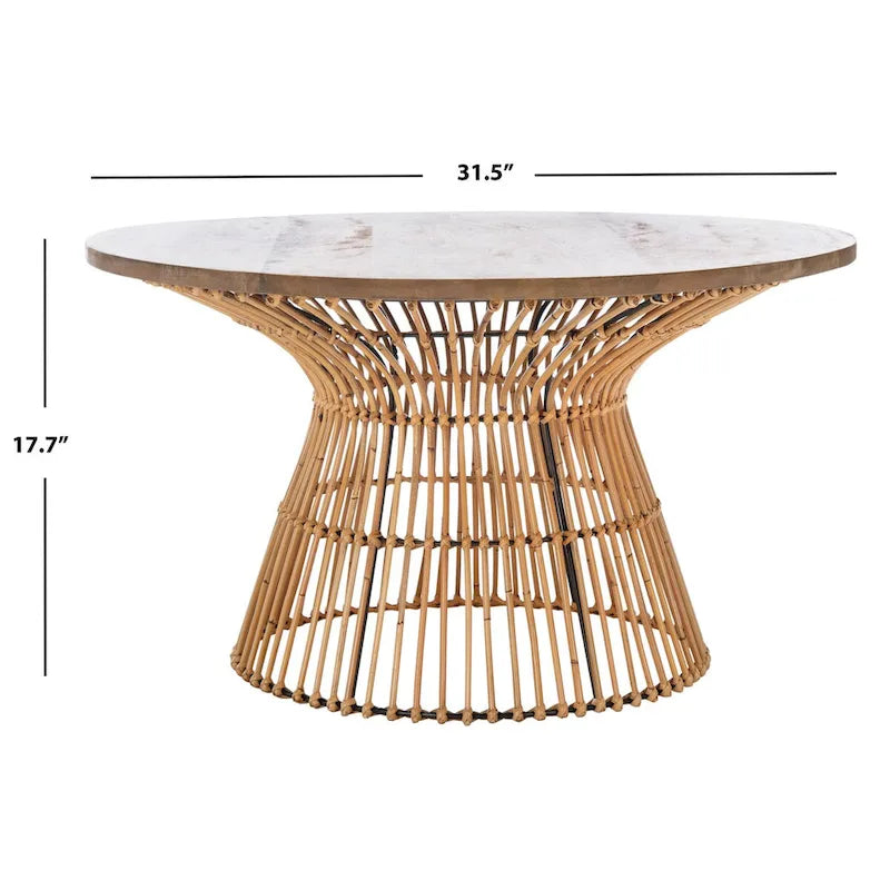 Table basse ronde en rotin avec plateau en bois de manguier blanchi