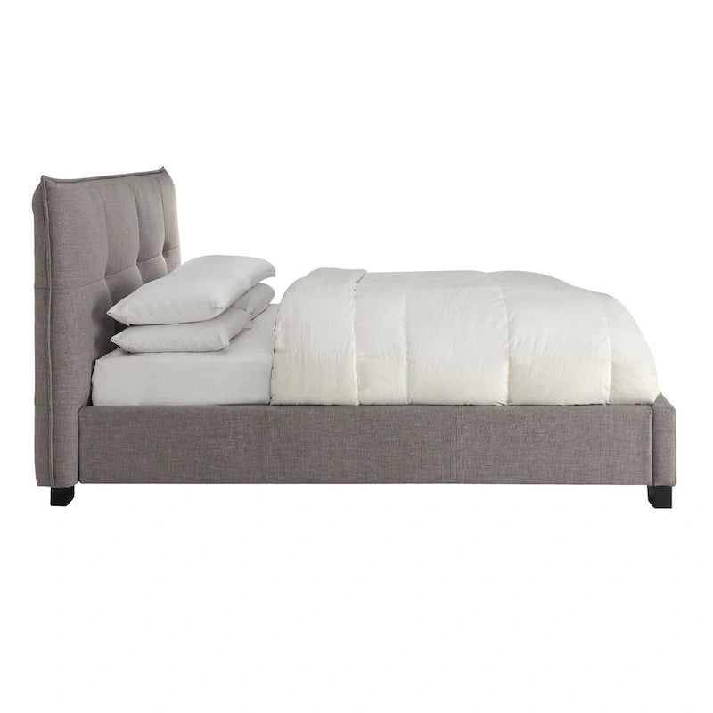 Lit King Size profil bas avec tête de lit capitonnée en lin, grand pied de lit avec tiroirs, gris