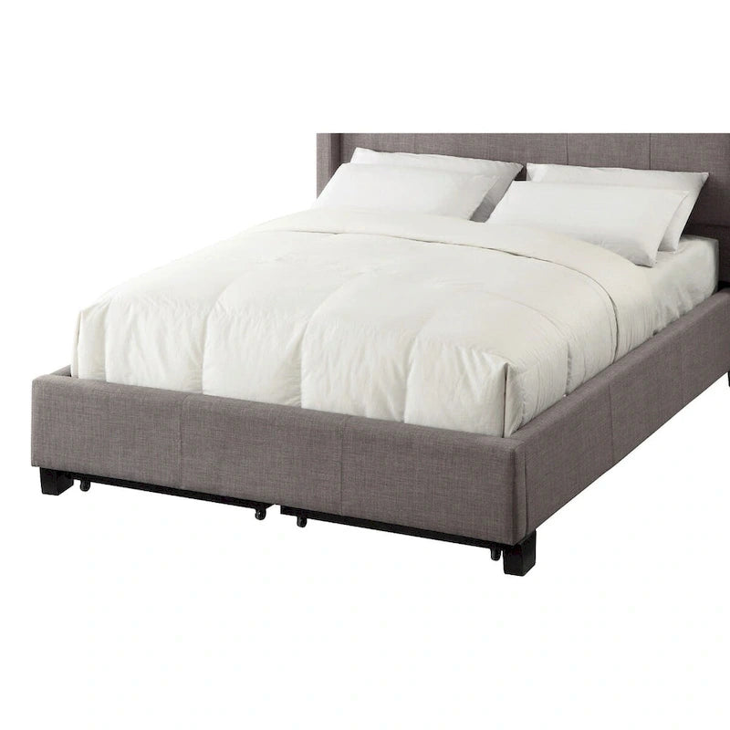 Lit King Size profil bas avec tête de lit capitonnée en lin, grand pied de lit avec tiroirs, gris