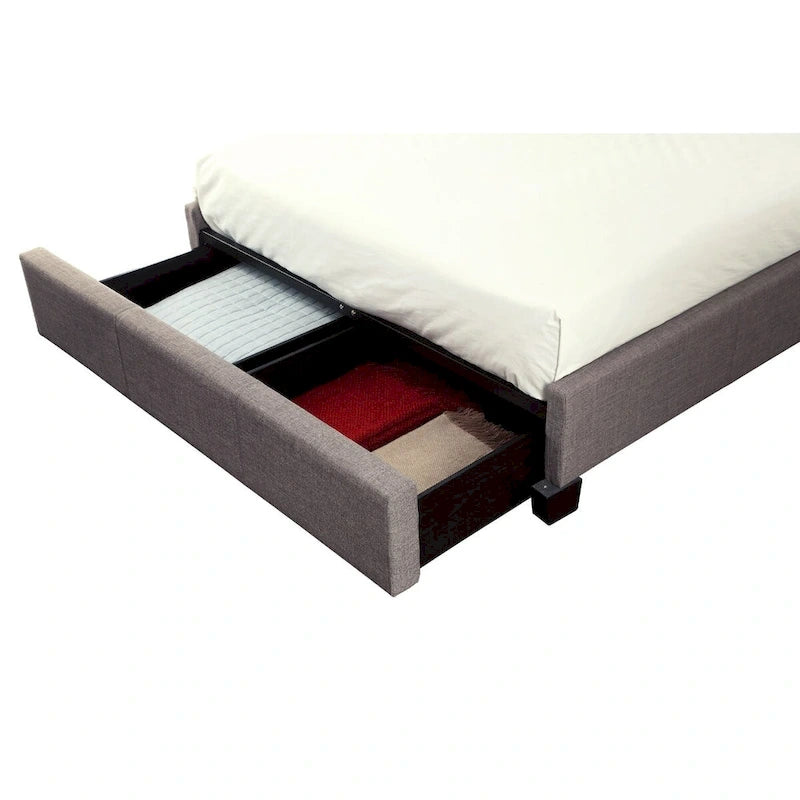 Lit King Size profil bas avec tête de lit capitonnée en lin, grand pied de lit avec tiroirs, gris