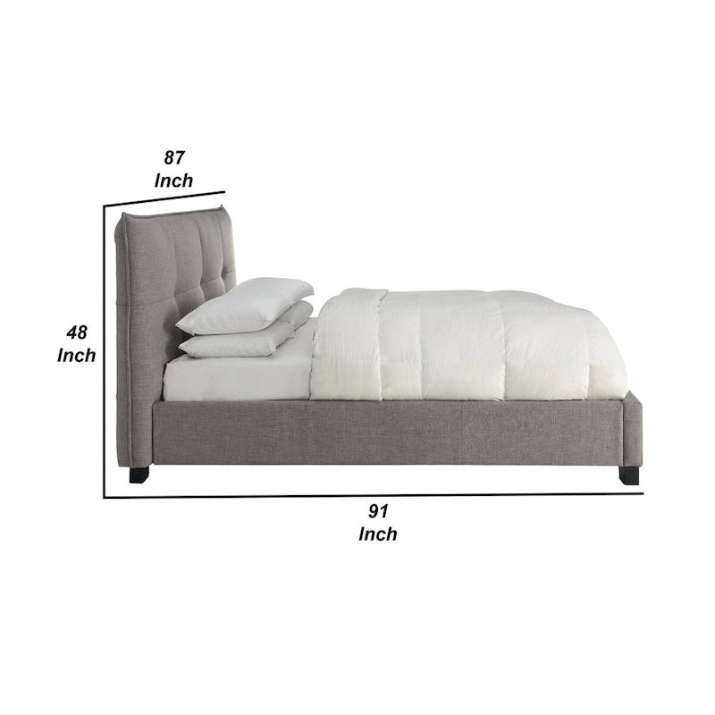 Lit King Size profil bas avec tête de lit capitonnée en lin, grand pied de lit avec tiroirs, gris