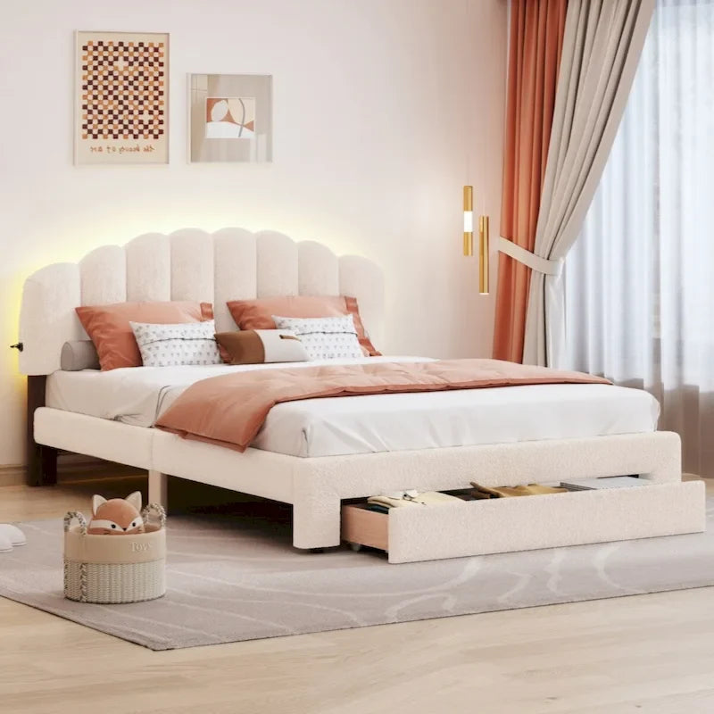 Lit queen rembourré avec plateforme et tiroir de rangement Beige Gris Blanc