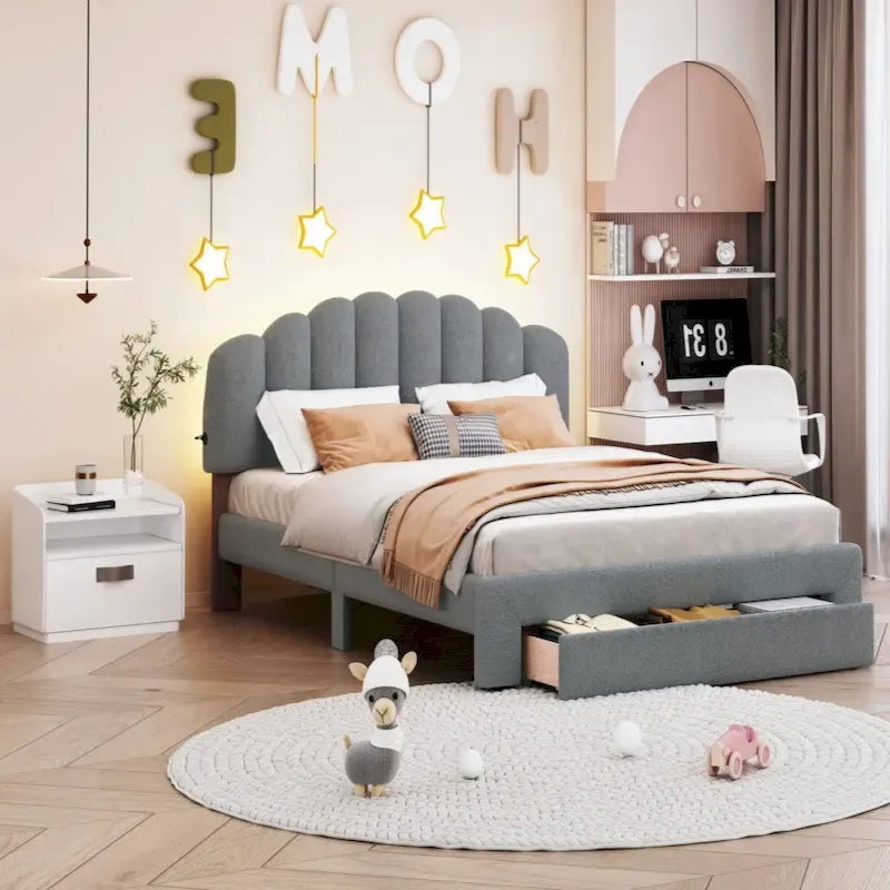 Lit queen rembourré avec plateforme et tiroir de rangement Beige Gris Blanc