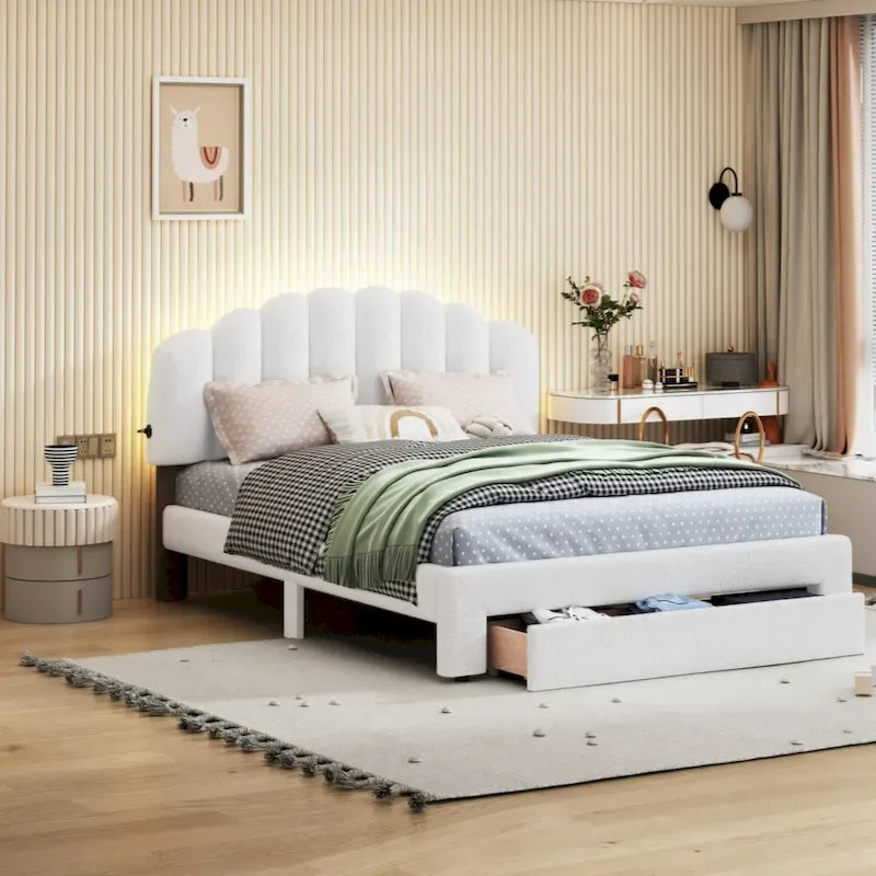 Lit queen rembourré avec plateforme et tiroir de rangement Beige Gris Blanc