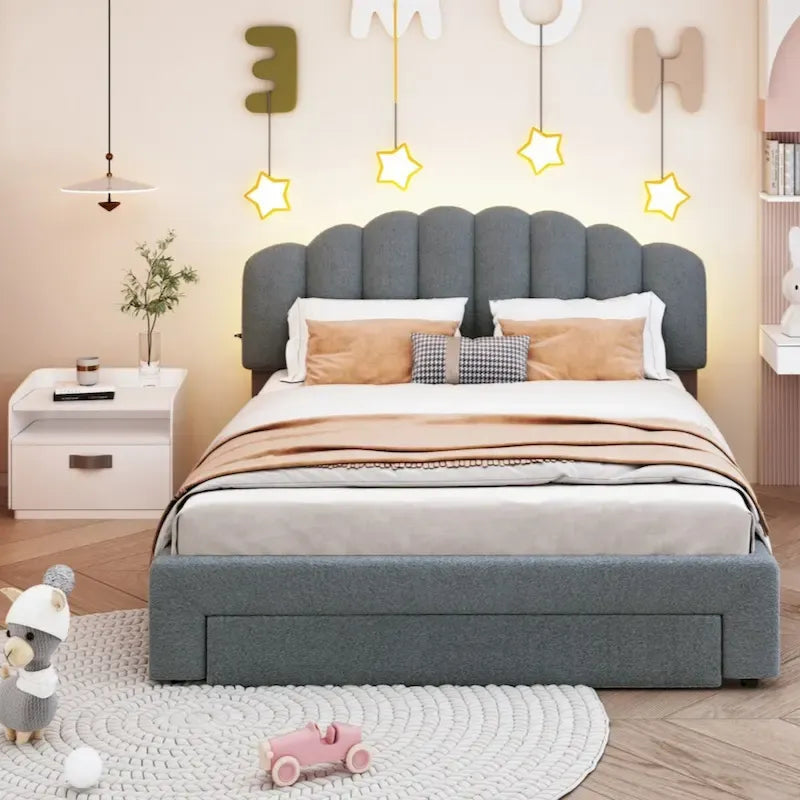 Lit queen rembourré avec plateforme et tiroir de rangement Beige Gris Blanc