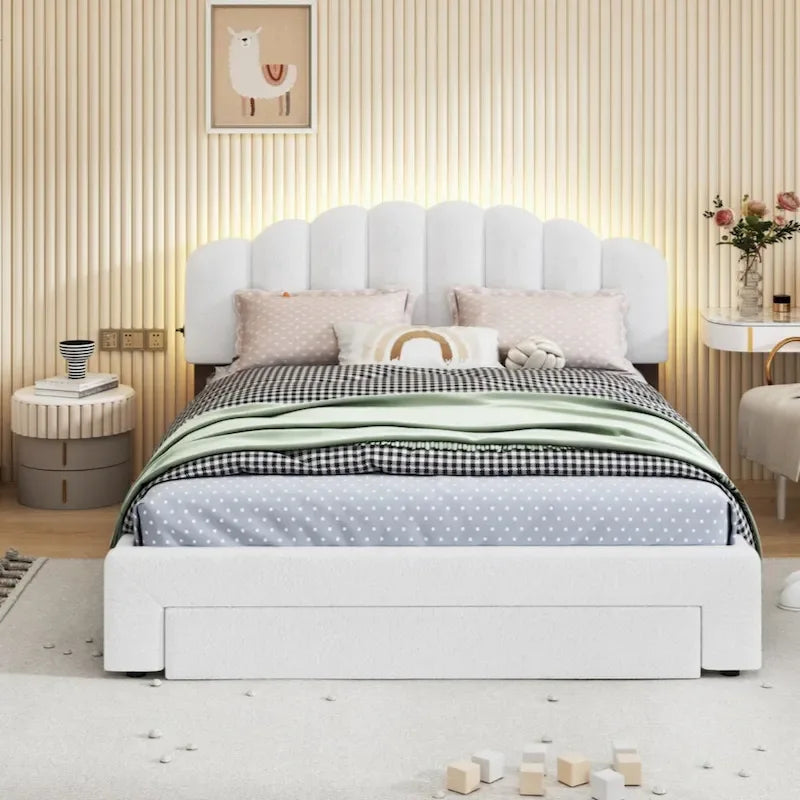 Lit queen rembourré avec plateforme et tiroir de rangement Beige Gris Blanc