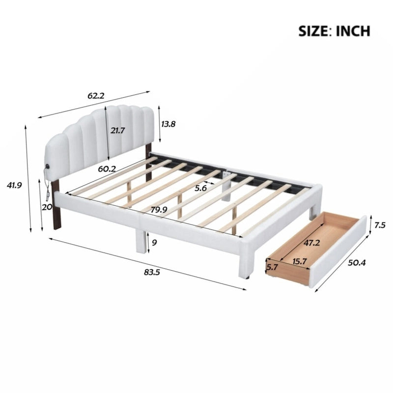 Lit queen rembourré avec plateforme et tiroir de rangement Beige Gris Blanc