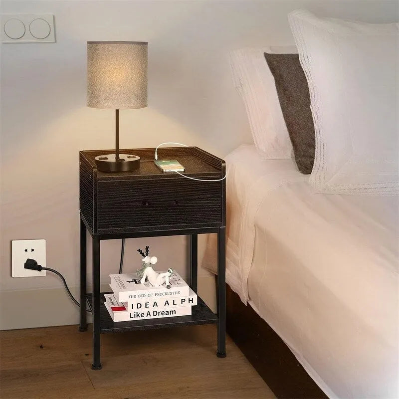 Table de Chevet Rétro avec Station de Recharge USB et Tiroir de Rangement
