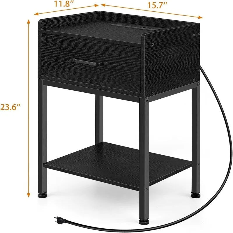 Table de Chevet Rétro avec Station de Recharge USB et Tiroir de Rangement