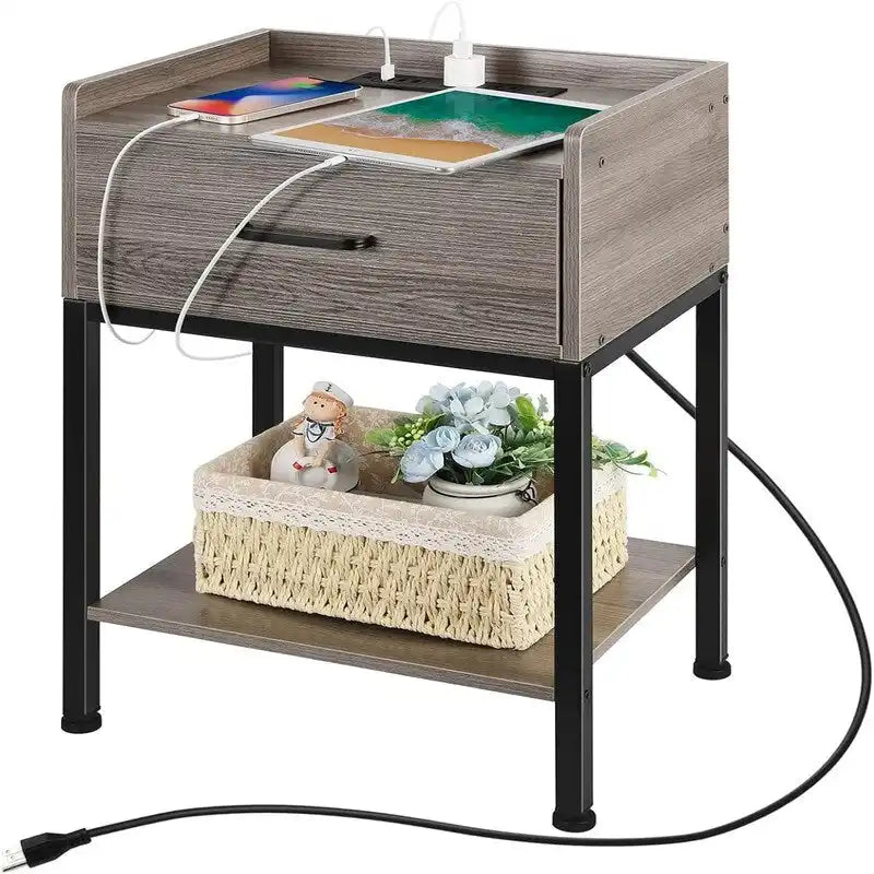 Table de Chevet Rétro avec Station de Recharge USB et Tiroir de Rangement