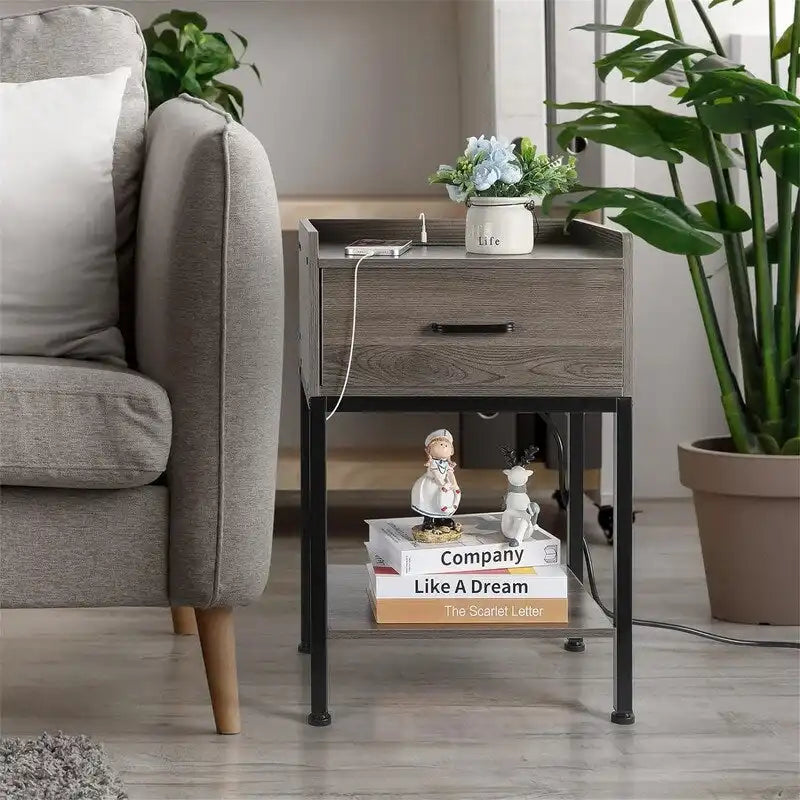 Table de Chevet Rétro avec Station de Recharge USB et Tiroir de Rangement