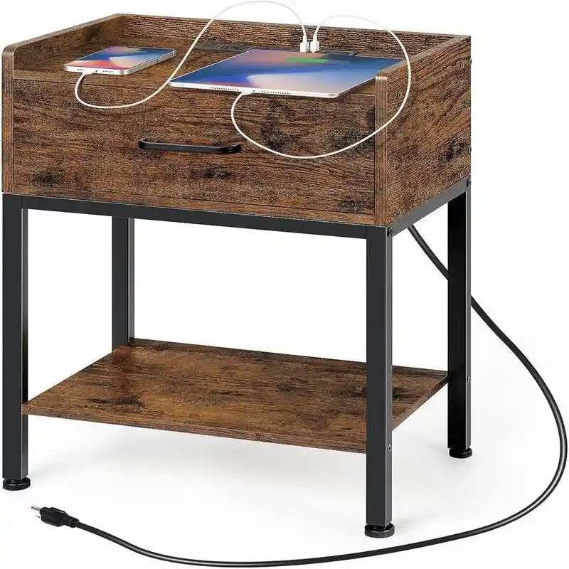 Table de Chevet Rétro avec Station de Recharge USB et Tiroir de Rangement