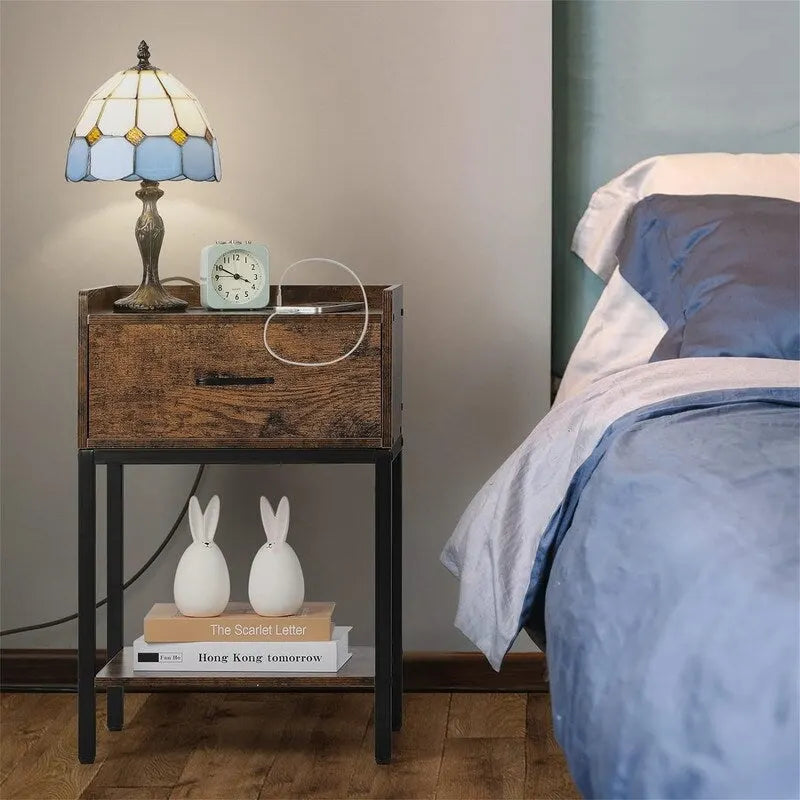 Table de Chevet Rétro avec Station de Recharge USB et Tiroir de Rangement