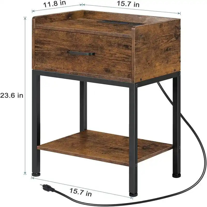 Table de Chevet Rétro avec Station de Recharge USB et Tiroir de Rangement