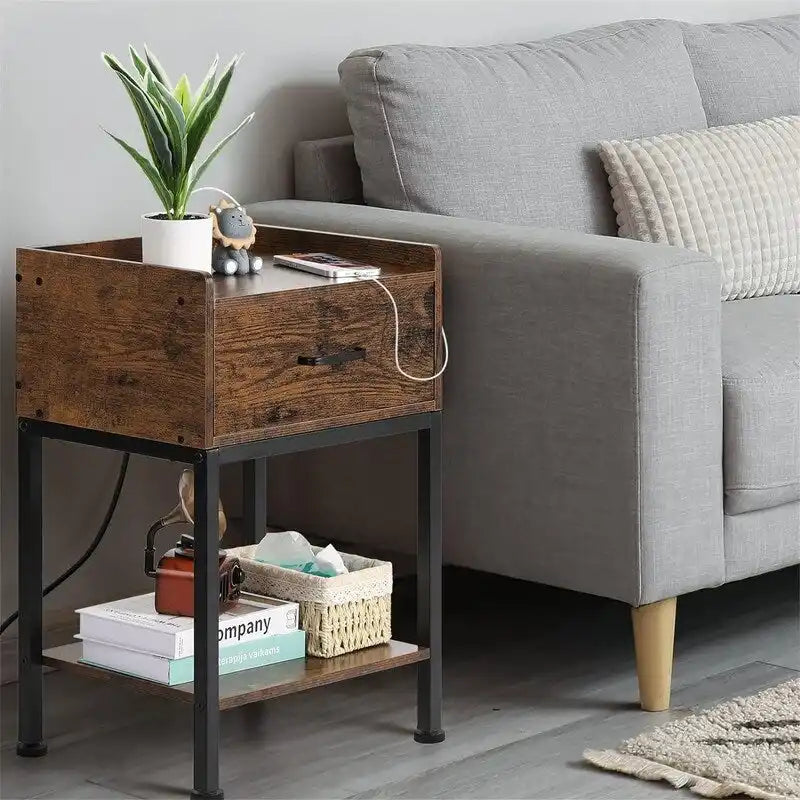 Table de Chevet Rétro avec Station de Recharge USB et Tiroir de Rangement