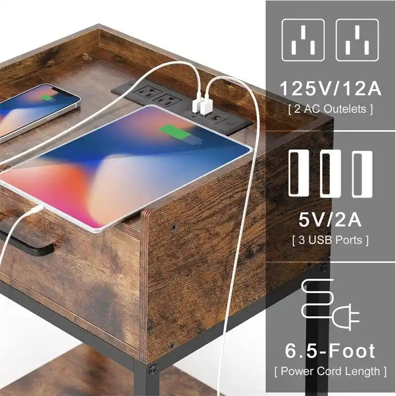 Table de Chevet Rétro avec Station de Recharge USB et Tiroir de Rangement