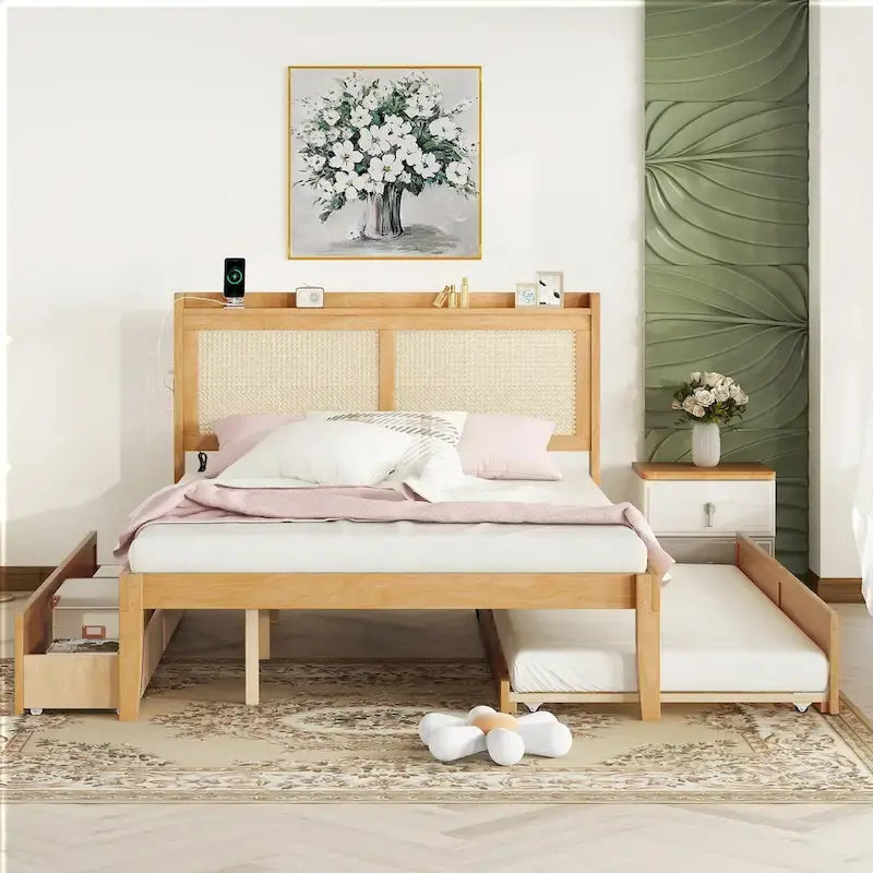 Elegant Bed Frame with Rattan Headboard and Sockets
