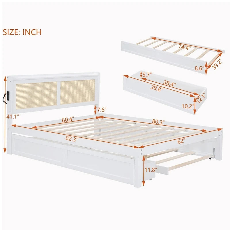 Cadre de lit en bois avec tête de lit en rotin tressé, tiroirs et éclairage LED, noyer et blanc