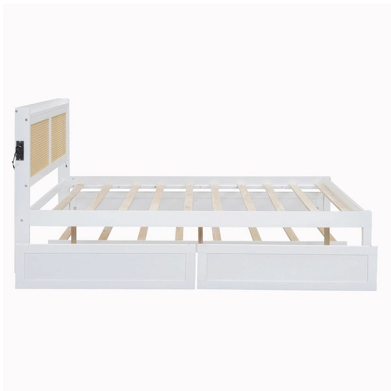 Cadre de lit en bois avec tête de lit en rotin tressé, tiroirs et éclairage LED, noyer et blanc
