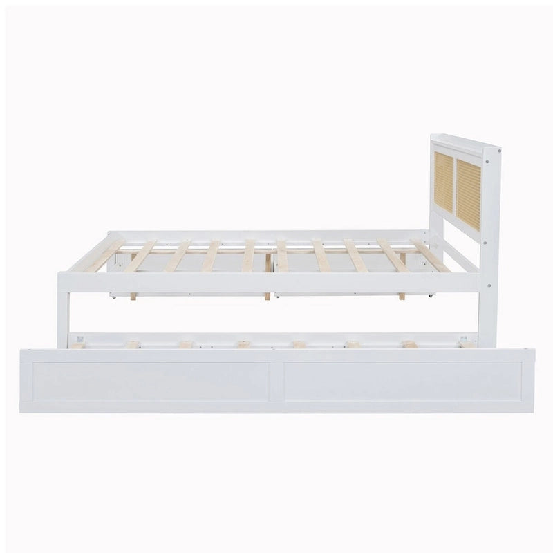 Cadre de lit en bois avec tête de lit en rotin tressé, tiroirs et éclairage LED, noyer et blanc