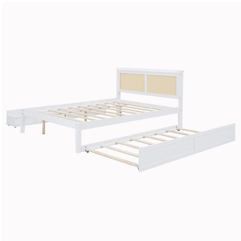Cadre de lit en bois avec tête de lit en rotin tressé, tiroirs et éclairage LED, noyer et blanc
