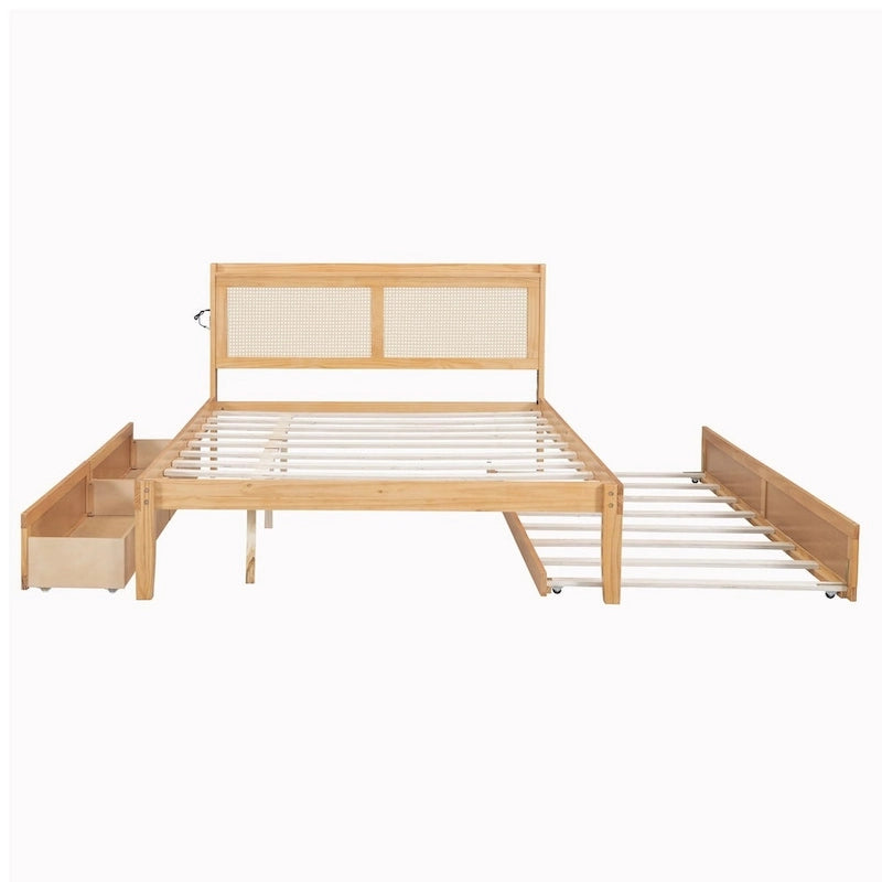 Cadre de lit en bois avec tête de lit en rotin tressé, tiroirs et éclairage LED, noyer et blanc