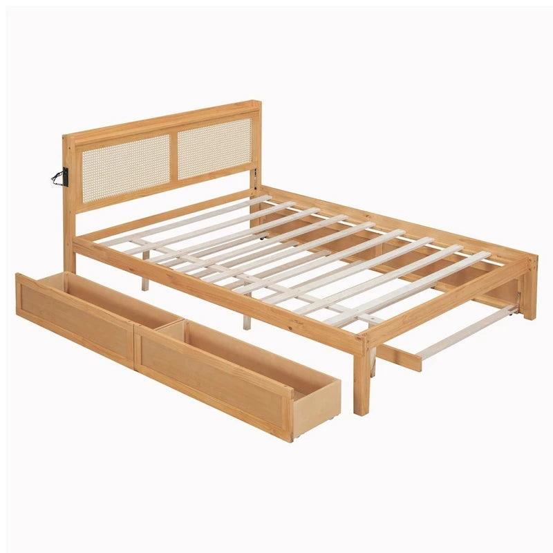 Cadre de lit en bois avec tête de lit en rotin tressé, tiroirs et éclairage LED, noyer et blanc