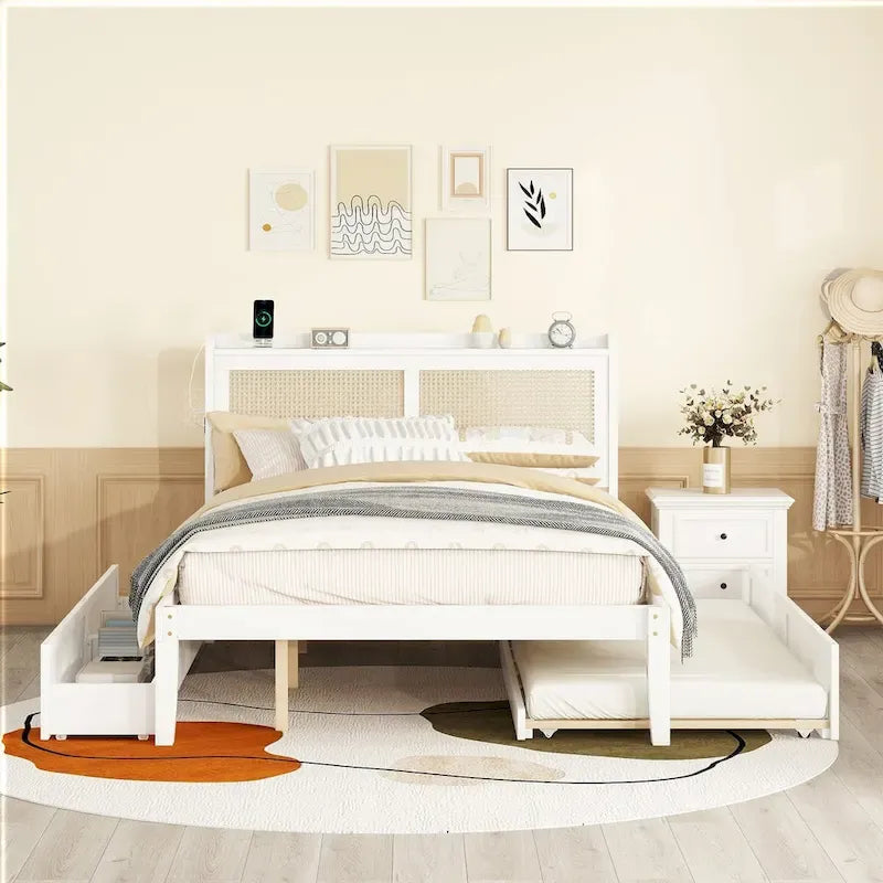Cadre de lit en bois avec tête de lit en rotin tressé, tiroirs et éclairage LED, noyer et blanc