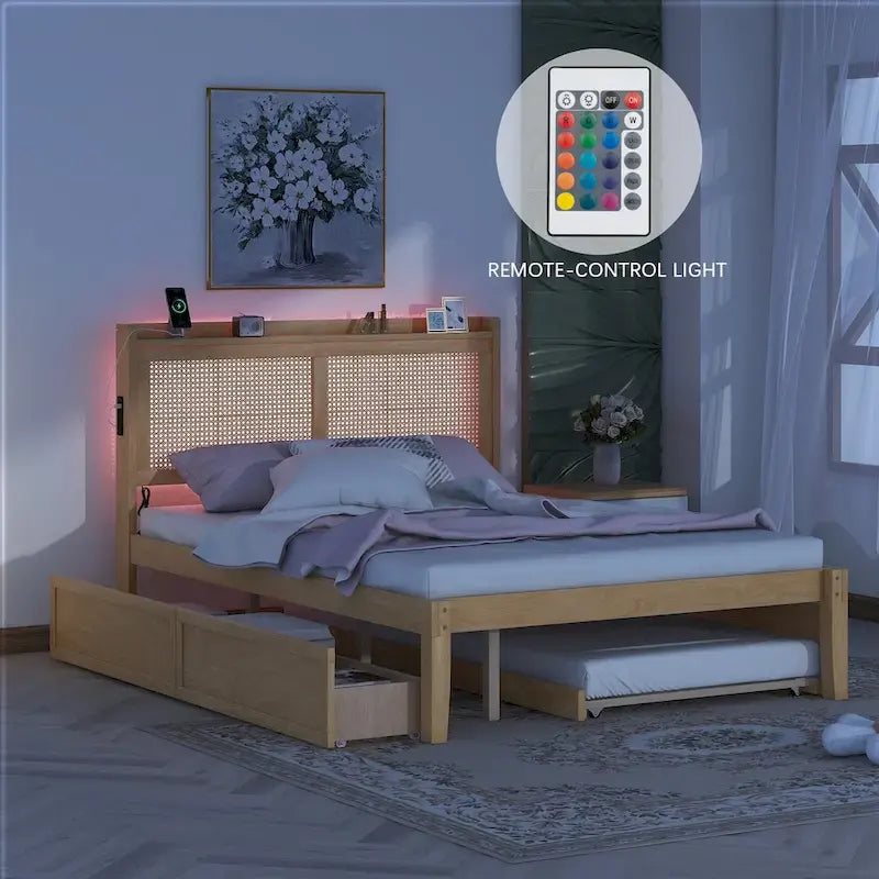 Cadre de lit en bois avec tête de lit en rotin tressé, tiroirs et éclairage LED, noyer et blanc