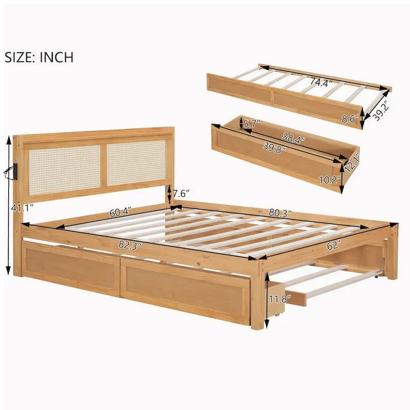 Cadre de lit en bois avec tête de lit en rotin tressé, tiroirs et éclairage LED, noyer et blanc