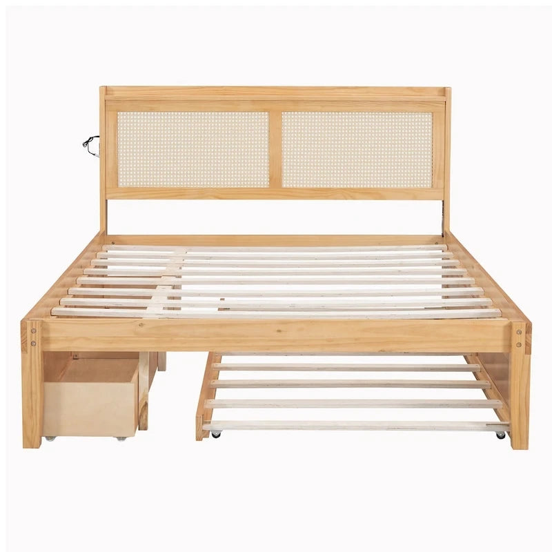 Cadre de lit en bois avec tête de lit en rotin tressé, tiroirs et éclairage LED, noyer et blanc