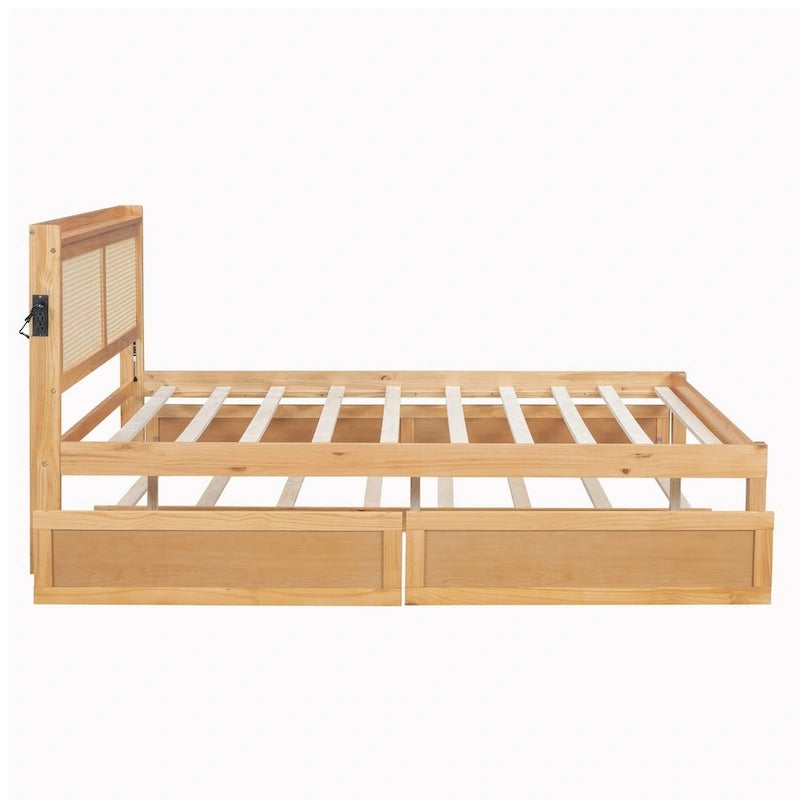 Cadre de lit en bois avec tête de lit en rotin tressé, tiroirs et éclairage LED, noyer et blanc