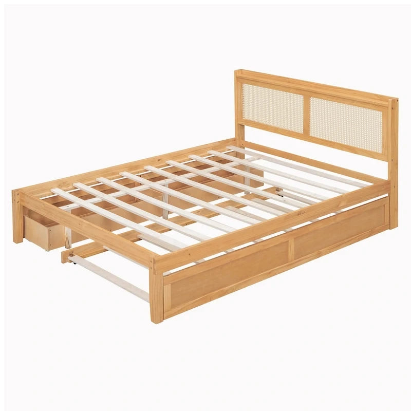 Cadre de lit en bois avec tête de lit en rotin tressé, tiroirs et éclairage LED, noyer et blanc