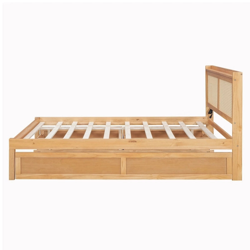 Cadre de lit en bois avec tête de lit en rotin tressé, tiroirs et éclairage LED, noyer et blanc