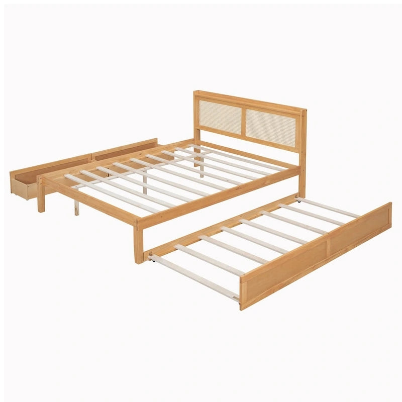 Cadre de lit en bois avec tête de lit en rotin tressé, tiroirs et éclairage LED, noyer et blanc