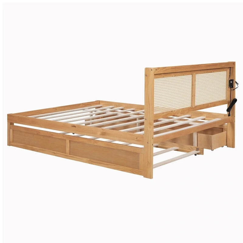 Cadre de lit en bois avec tête de lit en rotin tressé, tiroirs et éclairage LED, noyer et blanc