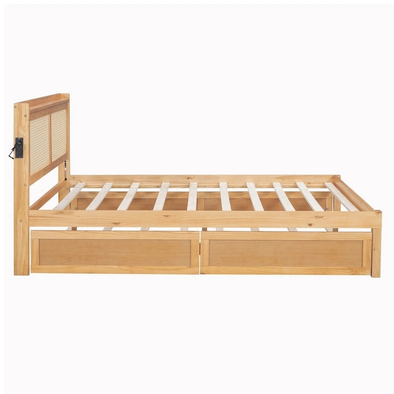 Cadre de lit en bois avec tête de lit en rotin tressé, tiroirs et éclairage LED, noyer et blanc