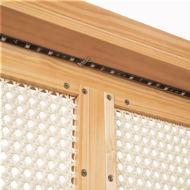 Cadre de lit en bois avec tête de lit en rotin tressé, tiroirs et éclairage LED, noyer et blanc