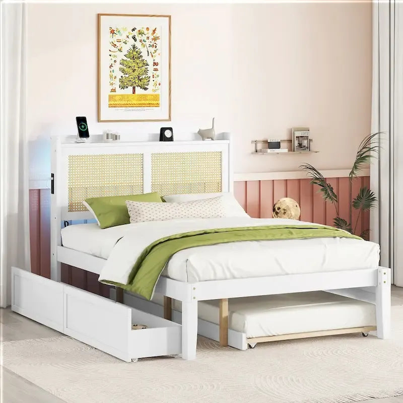 Cadre de lit en bois avec tête de lit en rotin tressé, tiroirs et éclairage LED, noyer et blanc