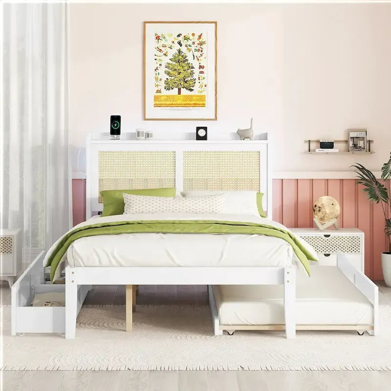 Cadre de lit en bois avec tête de lit en rotin tressé, tiroirs et éclairage LED, noyer et blanc
