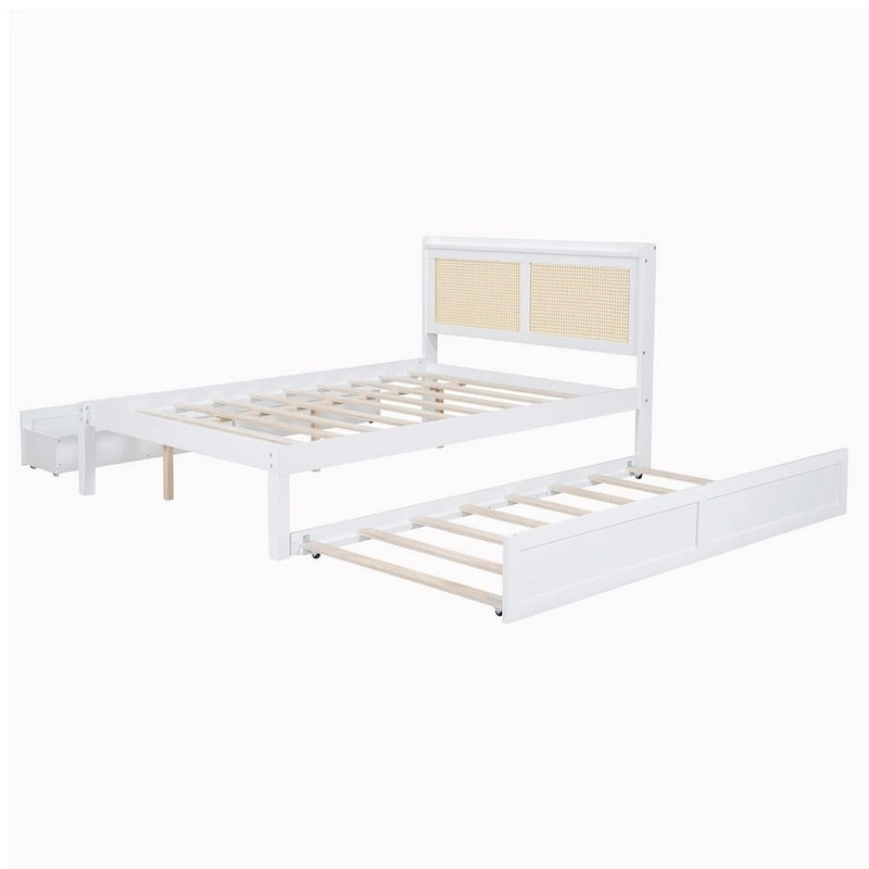 Cadre de lit en bois avec tête de lit en rotin tressé, tiroirs et éclairage LED, noyer et blanc