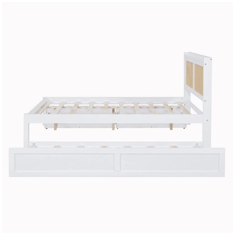 Cadre de lit en bois avec tête de lit en rotin tressé, tiroirs et éclairage LED, noyer et blanc