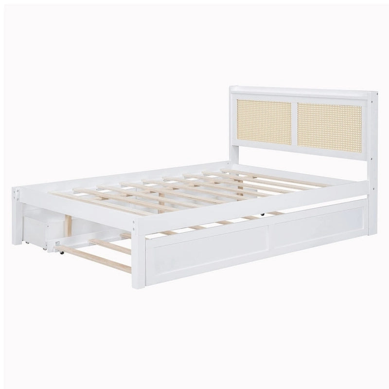Cadre de lit en bois avec tête de lit en rotin tressé, tiroirs et éclairage LED, noyer et blanc