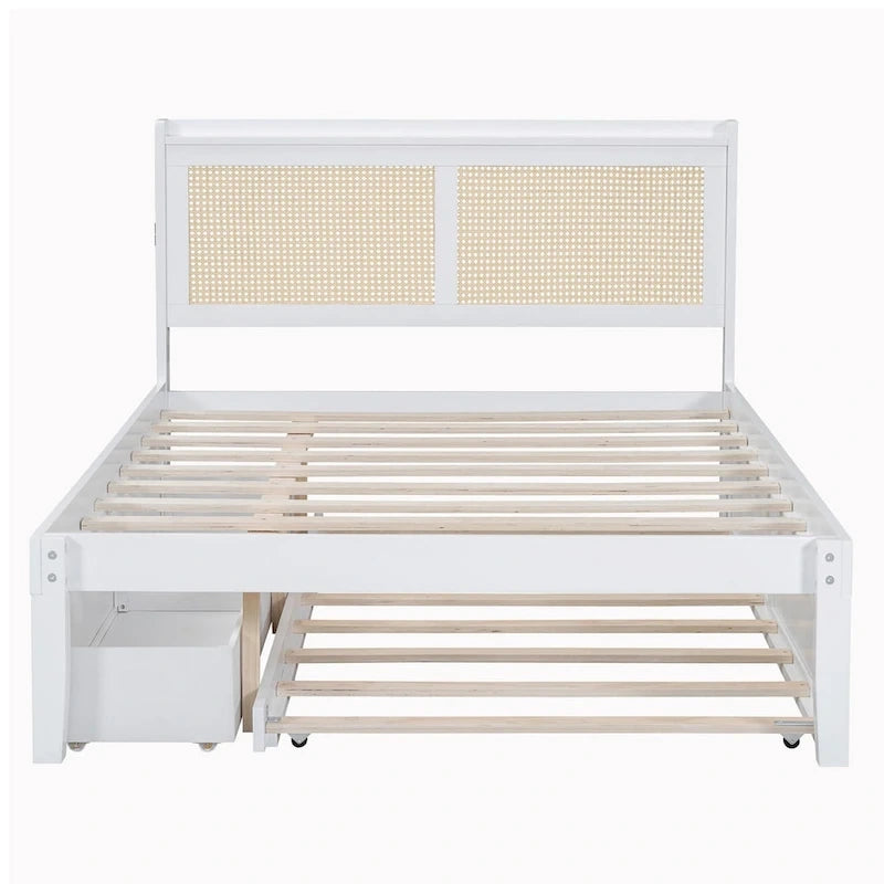 Cadre de lit en bois avec tête de lit en rotin tressé, tiroirs et éclairage LED, noyer et blanc