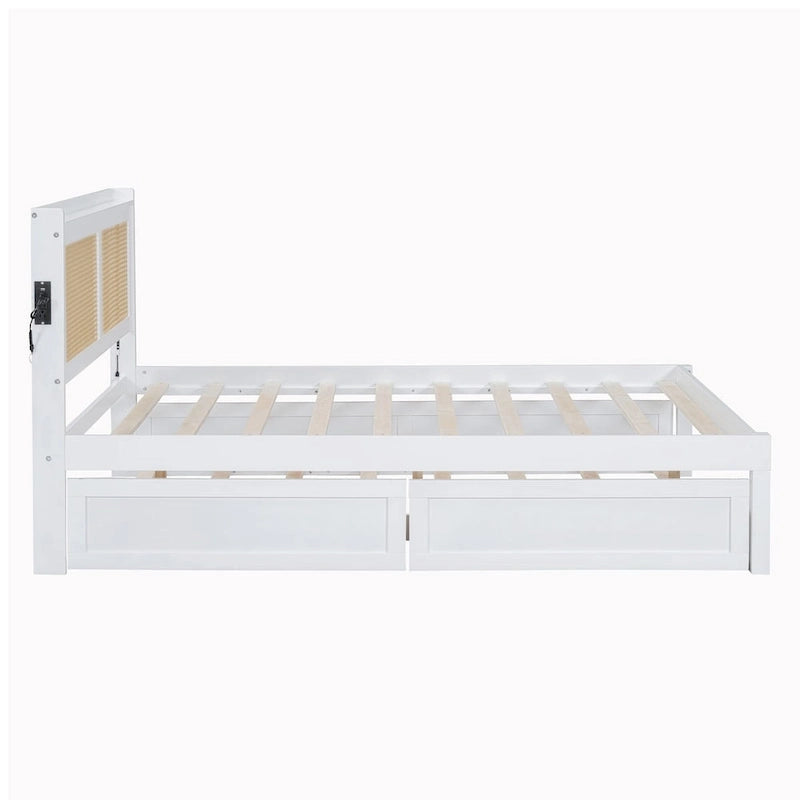 Cadre de lit en bois avec tête de lit en rotin tressé, tiroirs et éclairage LED, noyer et blanc