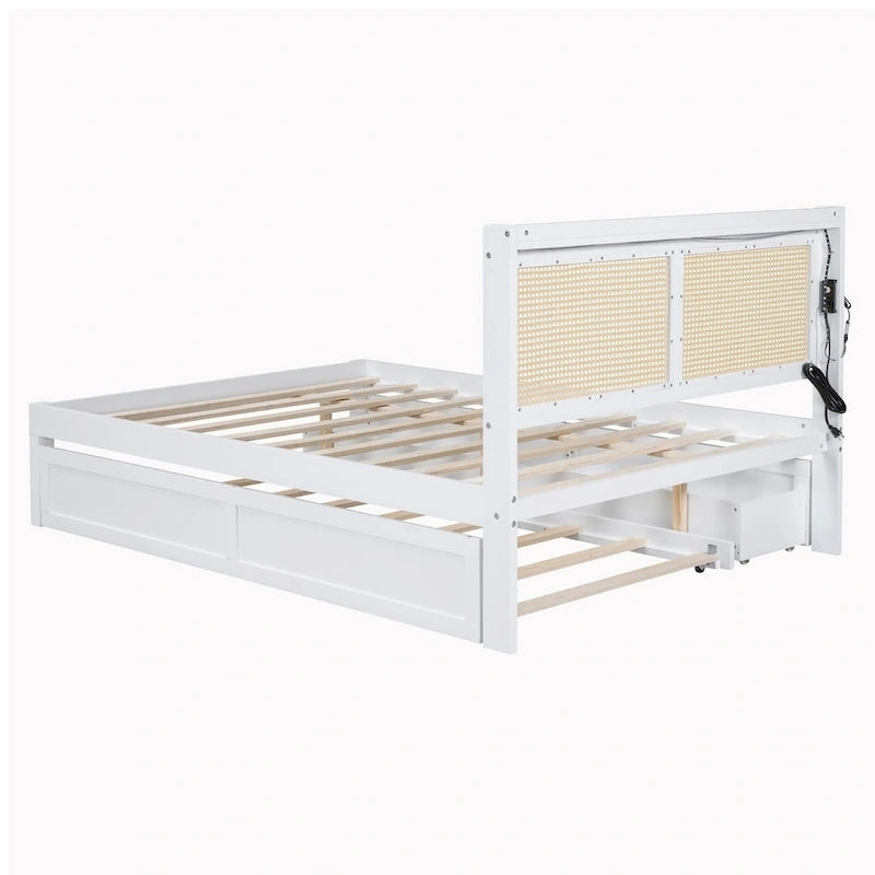 Cadre de lit en bois avec tête de lit en rotin tressé, tiroirs et éclairage LED, noyer et blanc