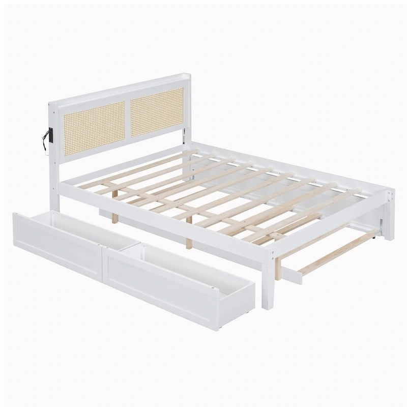 Cadre de lit en bois avec tête de lit en rotin tressé, tiroirs et éclairage LED, noyer et blanc