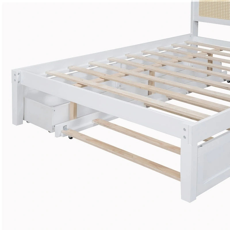 Cadre de lit en bois avec tête de lit en rotin tressé, tiroirs et éclairage LED, noyer et blanc