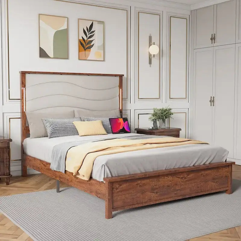 Cadre de lit King Size Rembourré Tête de lit en lin Lumières LED Chargement USB Lattes en bois Marron Gris